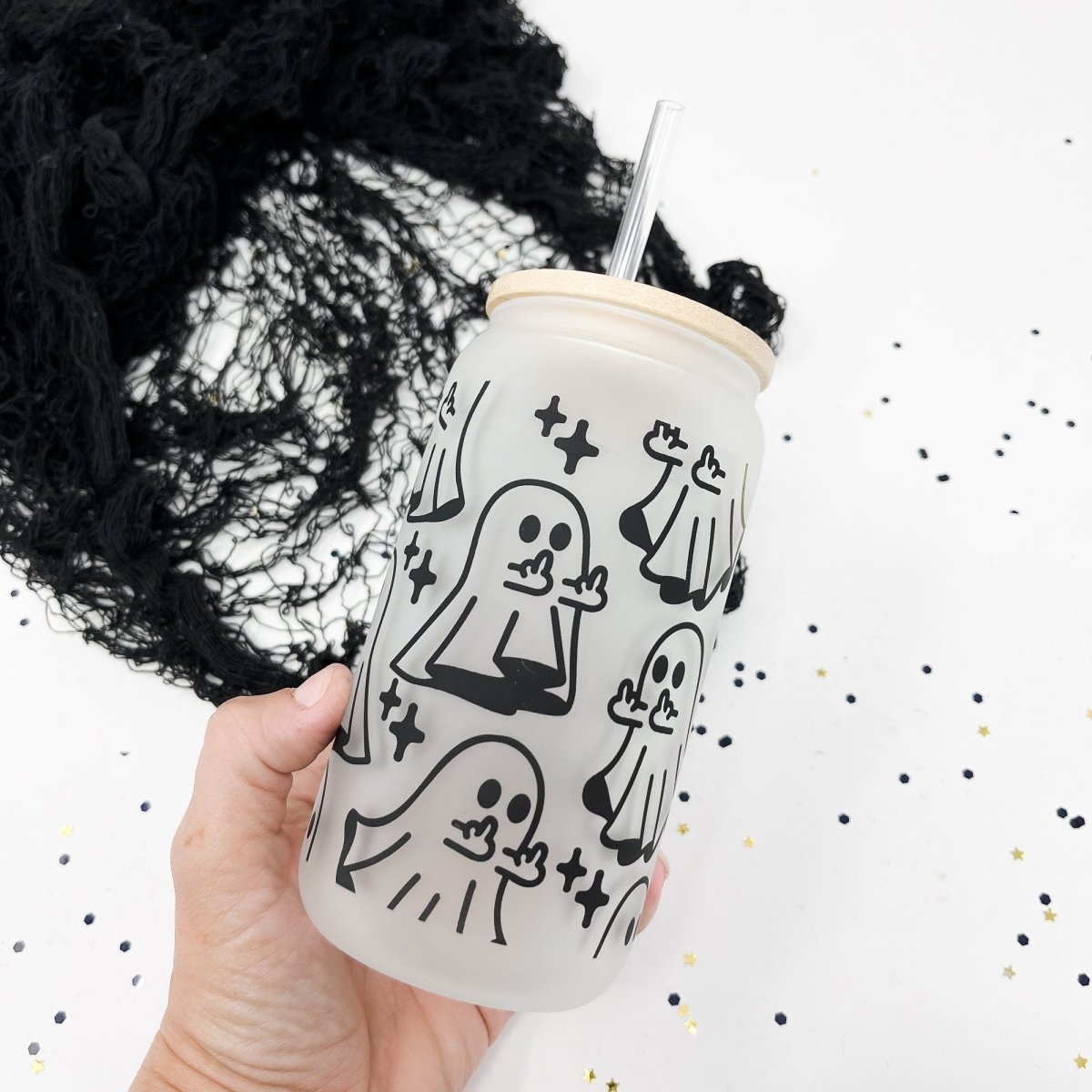 16oz Middle Finger Ghost Frosted Beer Glass Can - sonder and wolf