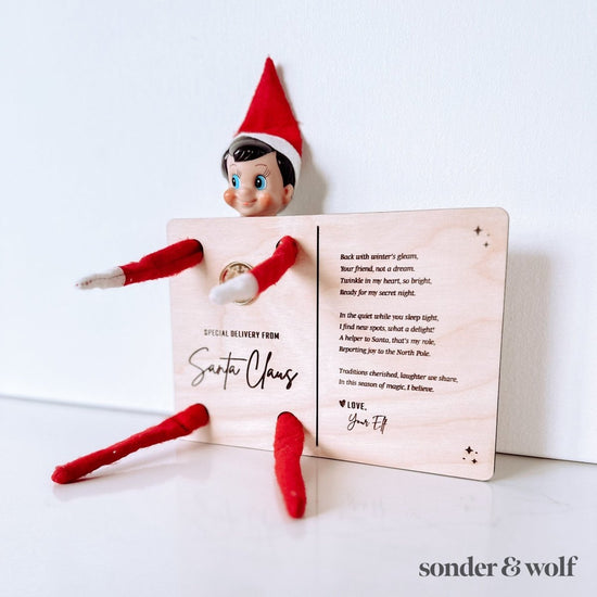 Elf Arrival Personalised Wooden Postcard - sonder and wolf