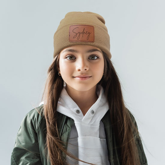 Personalized Beanie with Engraved Leather Patch - sonder and wolf