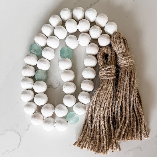 Whitewashed Wood Bead Garland with Jumbo Aqua Recycled Glass Beads - sonder and wolf