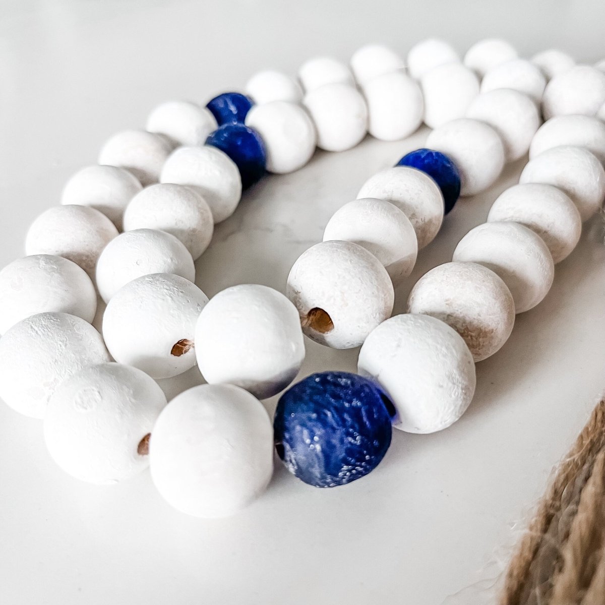 Whitewashed Wood Bead Garland with Jumbo Cobalt Blue Recycled Glass Beads - sonder and wolf