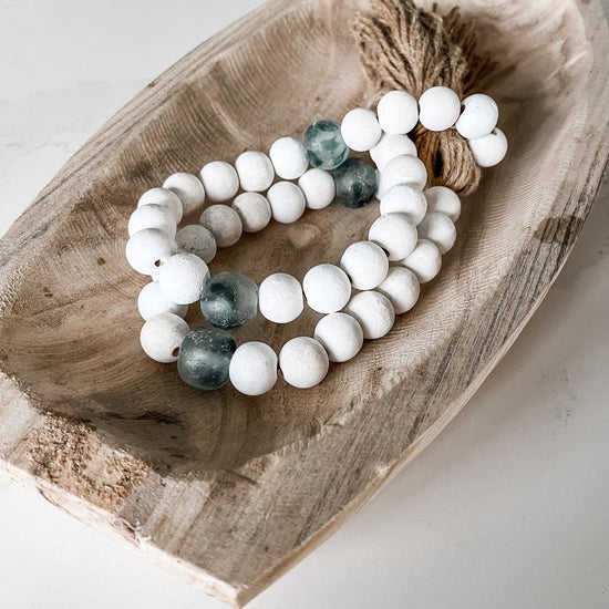 Whitewashed Wood Bead Garland with Jumbo Gray Recycled Glass Beads - sonder and wolf