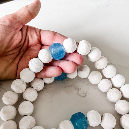 Whitewashed Wood Bead Garland with Jumbo Ice Blue Recycled Glass Beads - sonder and wolf