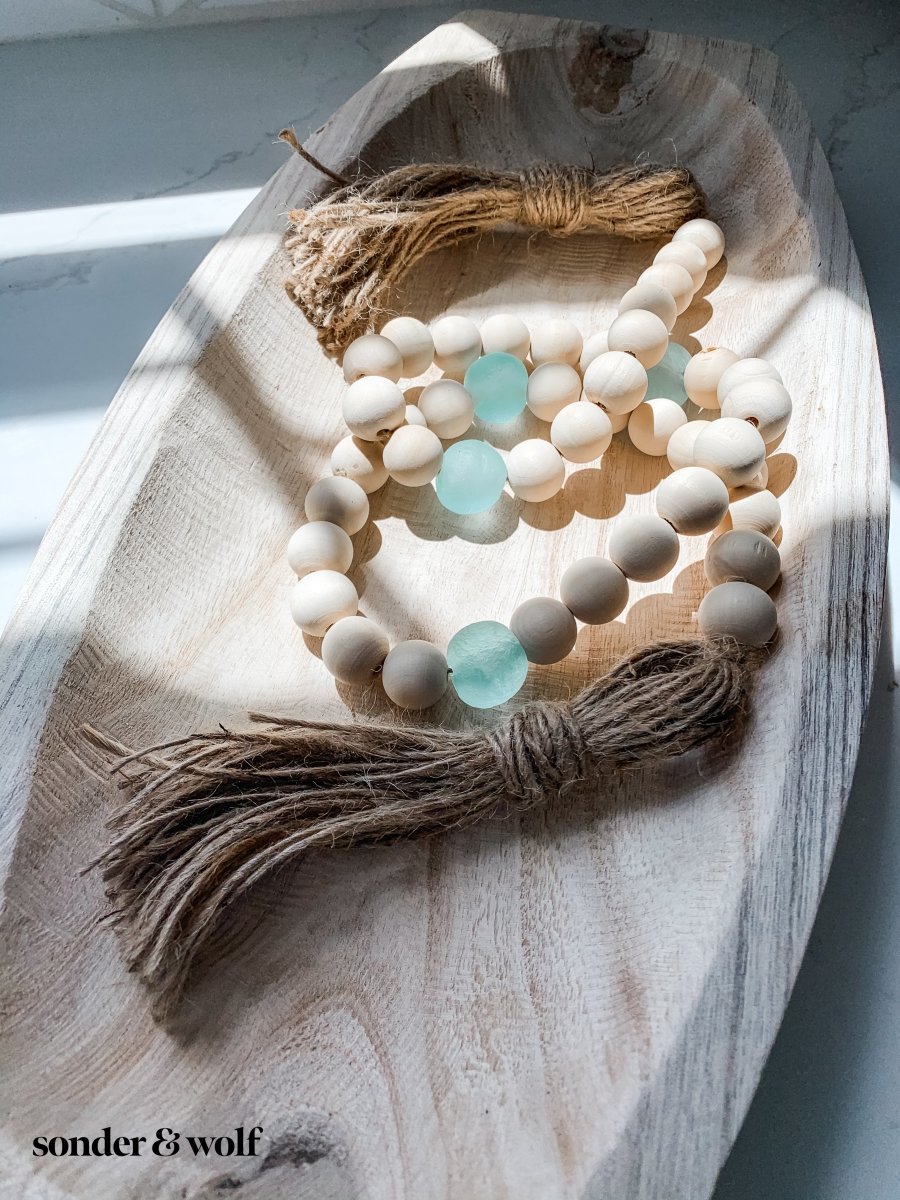 Glass Wood Bead Garland With Tassel Wood Bead Garland With Aqua