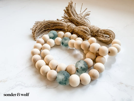 Wood Bead Garland with Grey Recycled Glass Beads - sonder and wolf