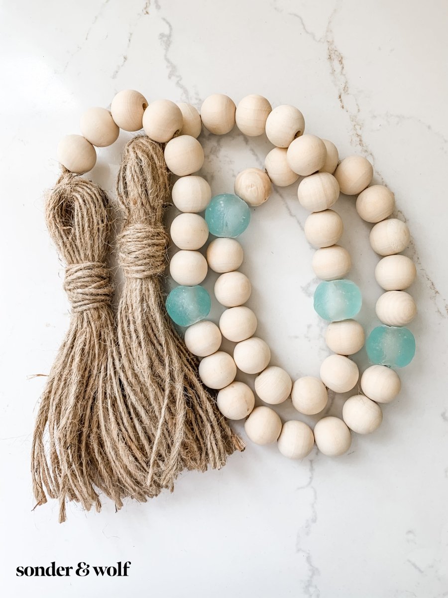 Wood Bead Garland with Ice Blue Recycled Glass Beads - sonder and wolf