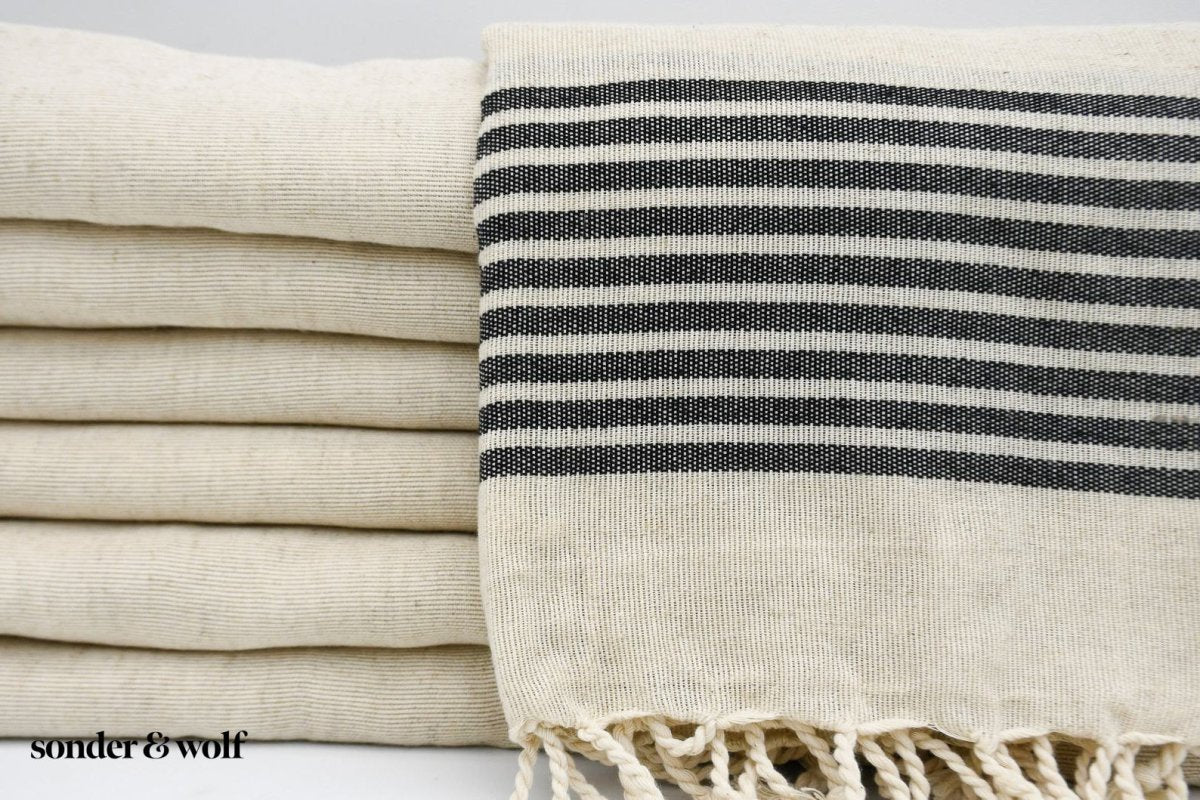 Black Stripe & Tan Linen Towel | Beach Towel - sonder and wolf