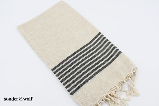 Black Stripe & Tan Linen Towel | Beach Towel - sonder and wolf