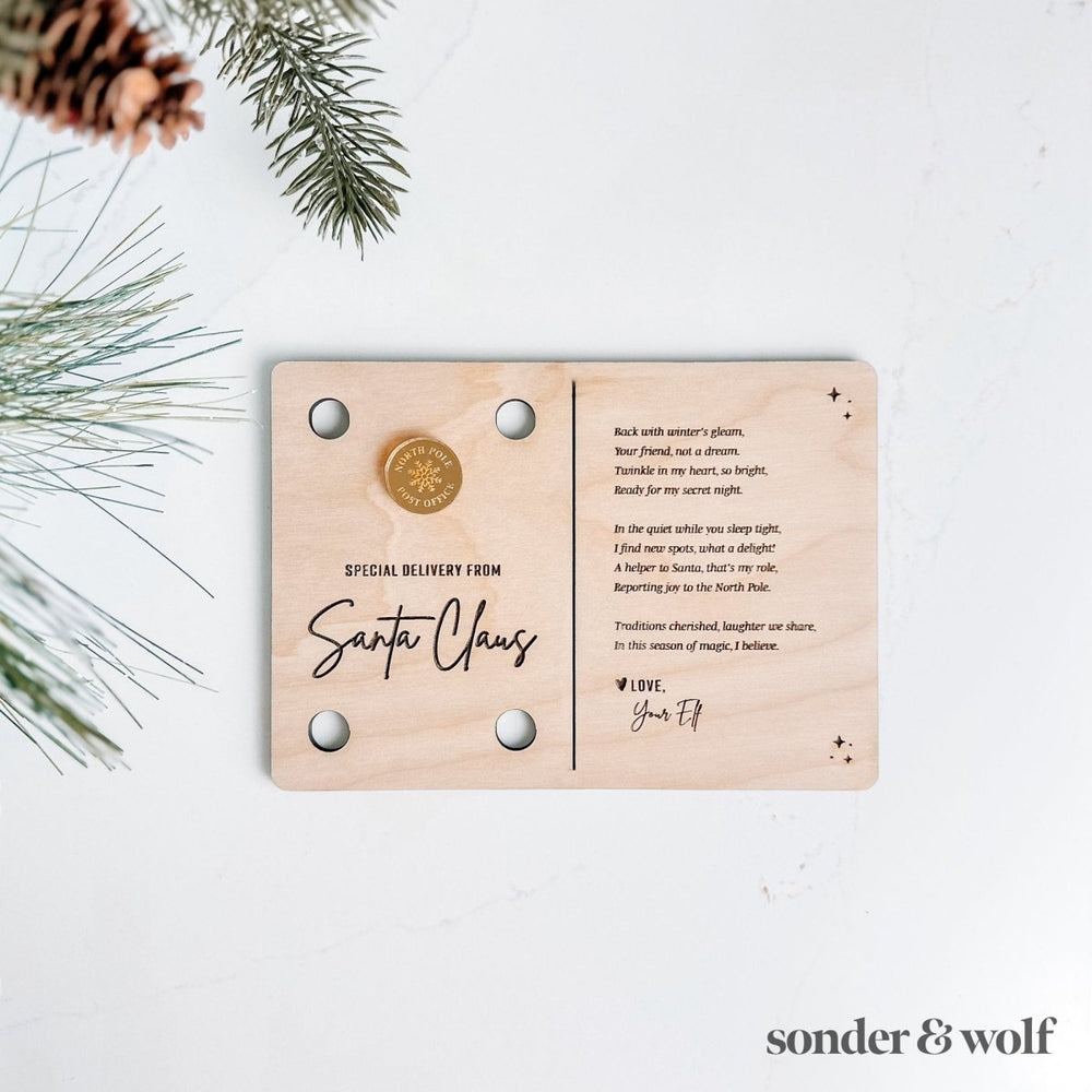 
                  
                    Elf Arrival Personalised Wooden Postcard - sonder and wolf
                  
                