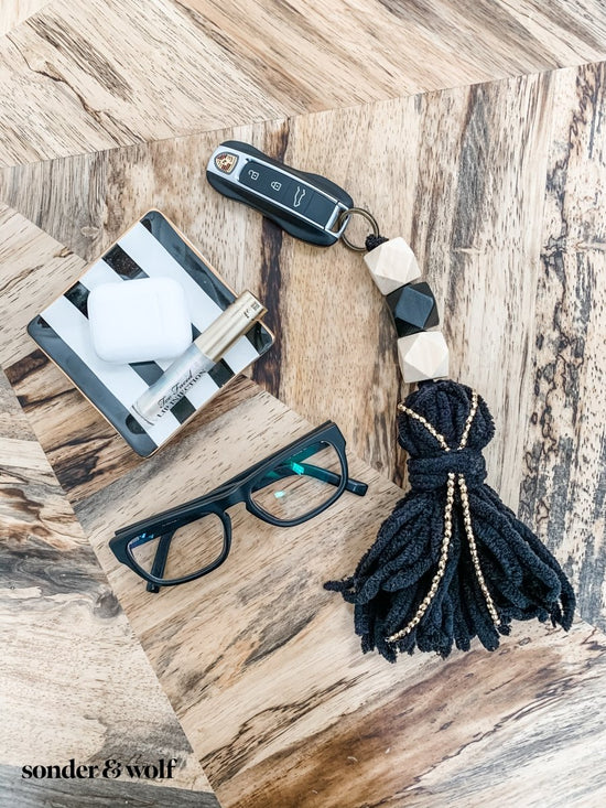 Geometric Keychain with Black Tassels - sonder and wolf