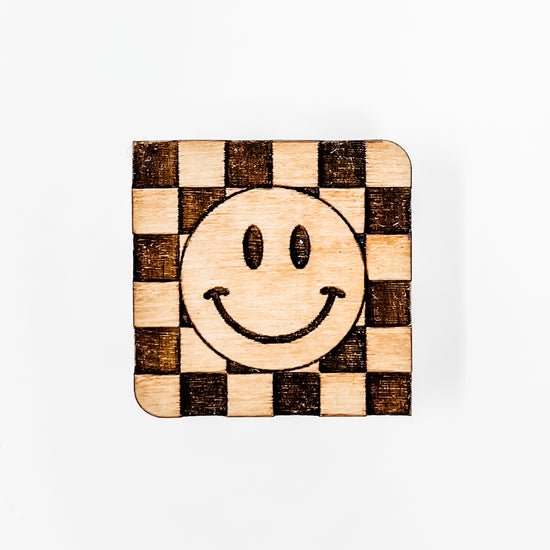 Checkered Smiley Face Wood Pin