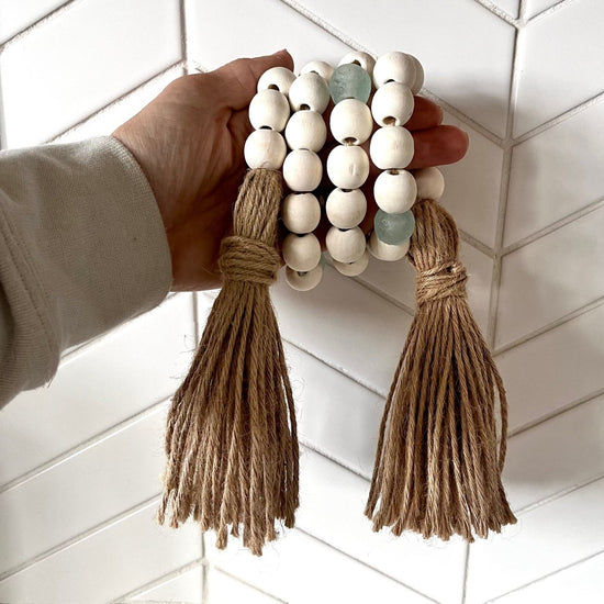 Whitewashed Wood Bead Garland with Aqua Recycled Glass Beads - sonder and wolf