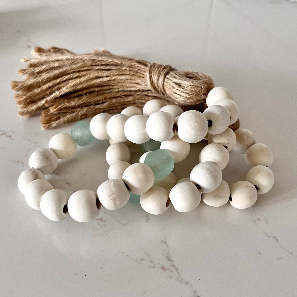 Whitewashed Wood Bead Garland with Aqua Recycled Glass Beads - sonder and wolf