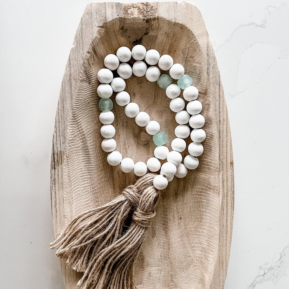 
                  
                    Whitewashed Wood Bead Garland with Jumbo Aqua Recycled Glass Beads - sonder and wolf
                  
                