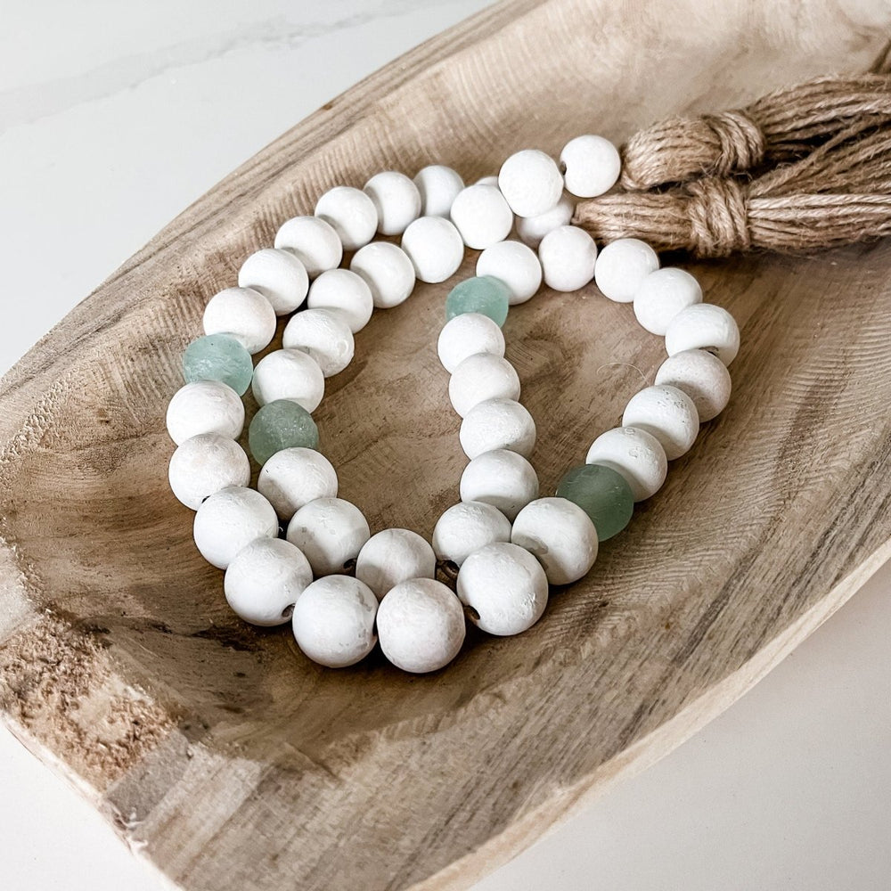 Whitewashed Wood Bead Garland with Jumbo Aqua Recycled Glass Beads - sonder and wolf