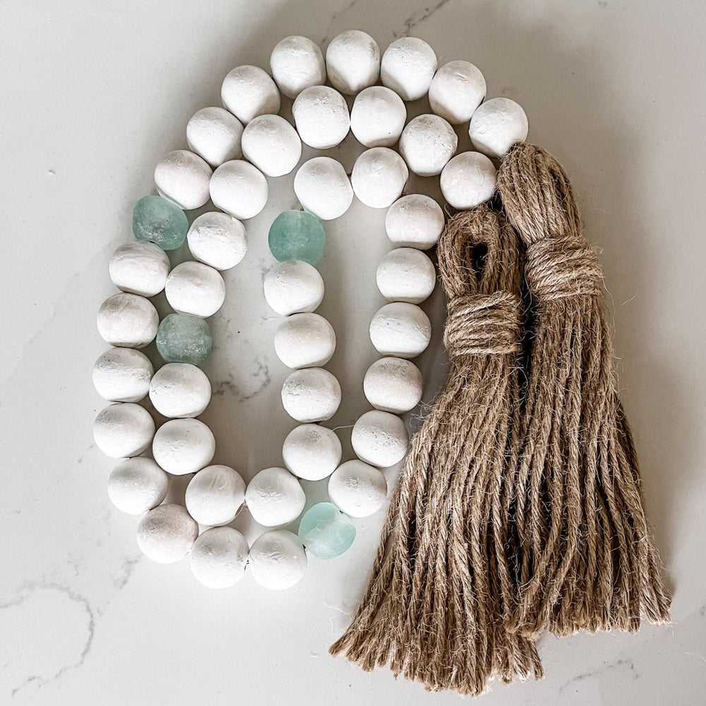 
                  
                    Whitewashed Wood Bead Garland with Jumbo Aqua Recycled Glass Beads - sonder and wolf
                  
                