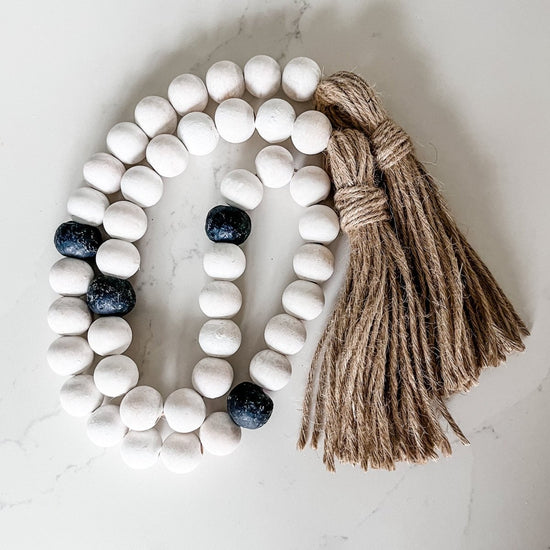Whitewashed Wood Bead Garland with Jumbo Black Recycled Glass Beads - sonder and wolf