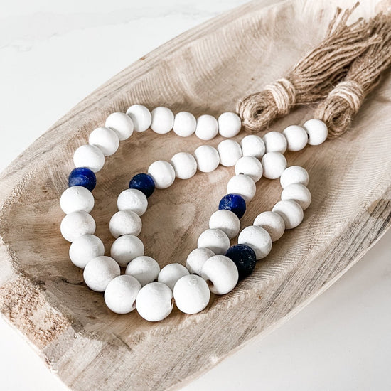 Whitewashed Wood Bead Garland with Jumbo Cobalt Blue Recycled