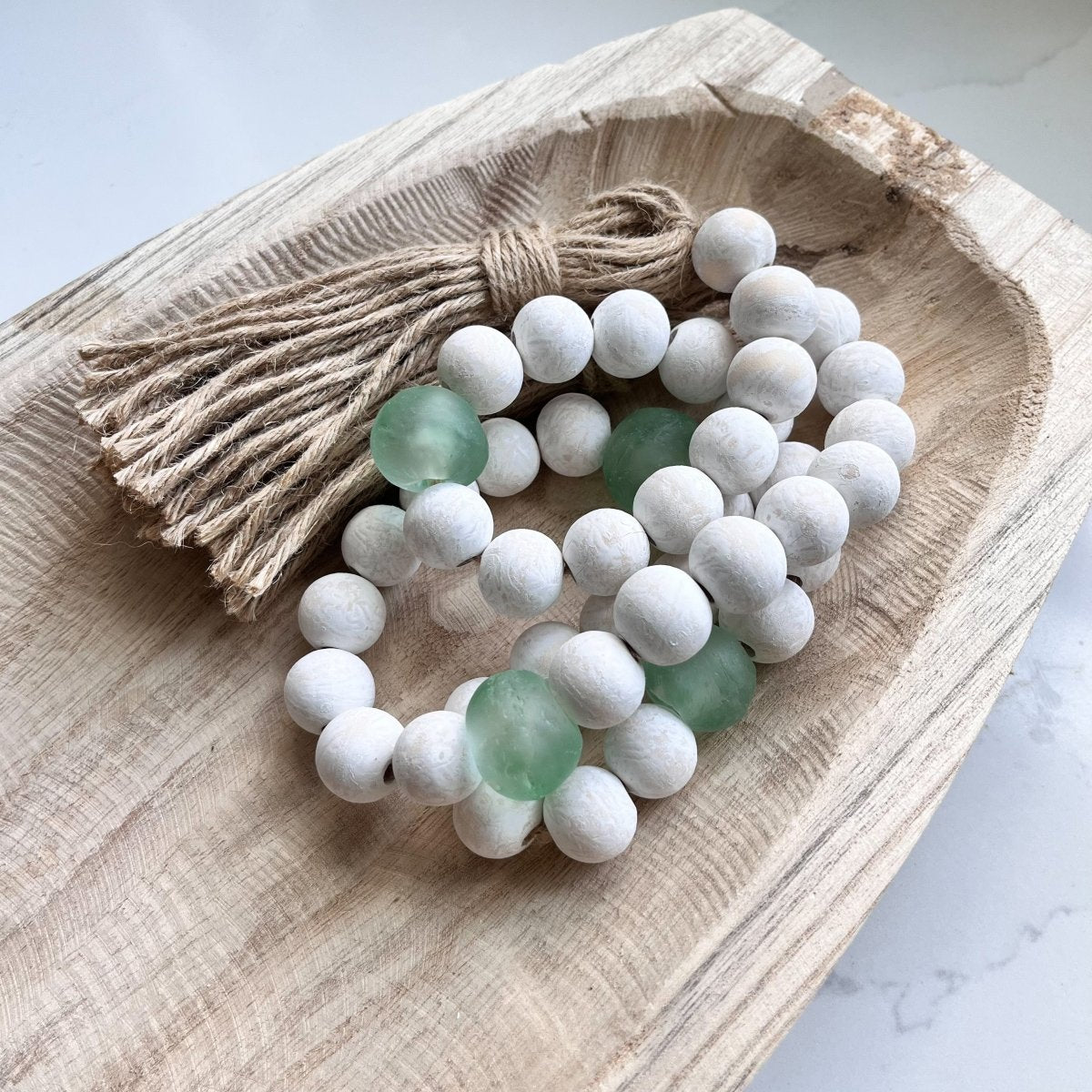Whitewashed Wood Bead Garland with Jumbo Aqua Recycled Glass Beads – sonder  and wolf