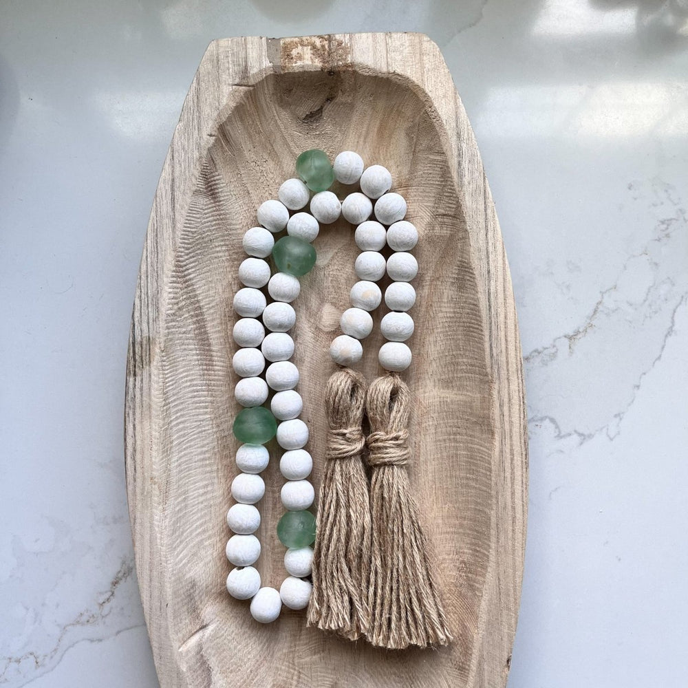 
                  
                    Whitewashed Wood Bead Garland with Jumbo Green/Aqua Recycled Glass Beads - sonder and wolf
                  
                