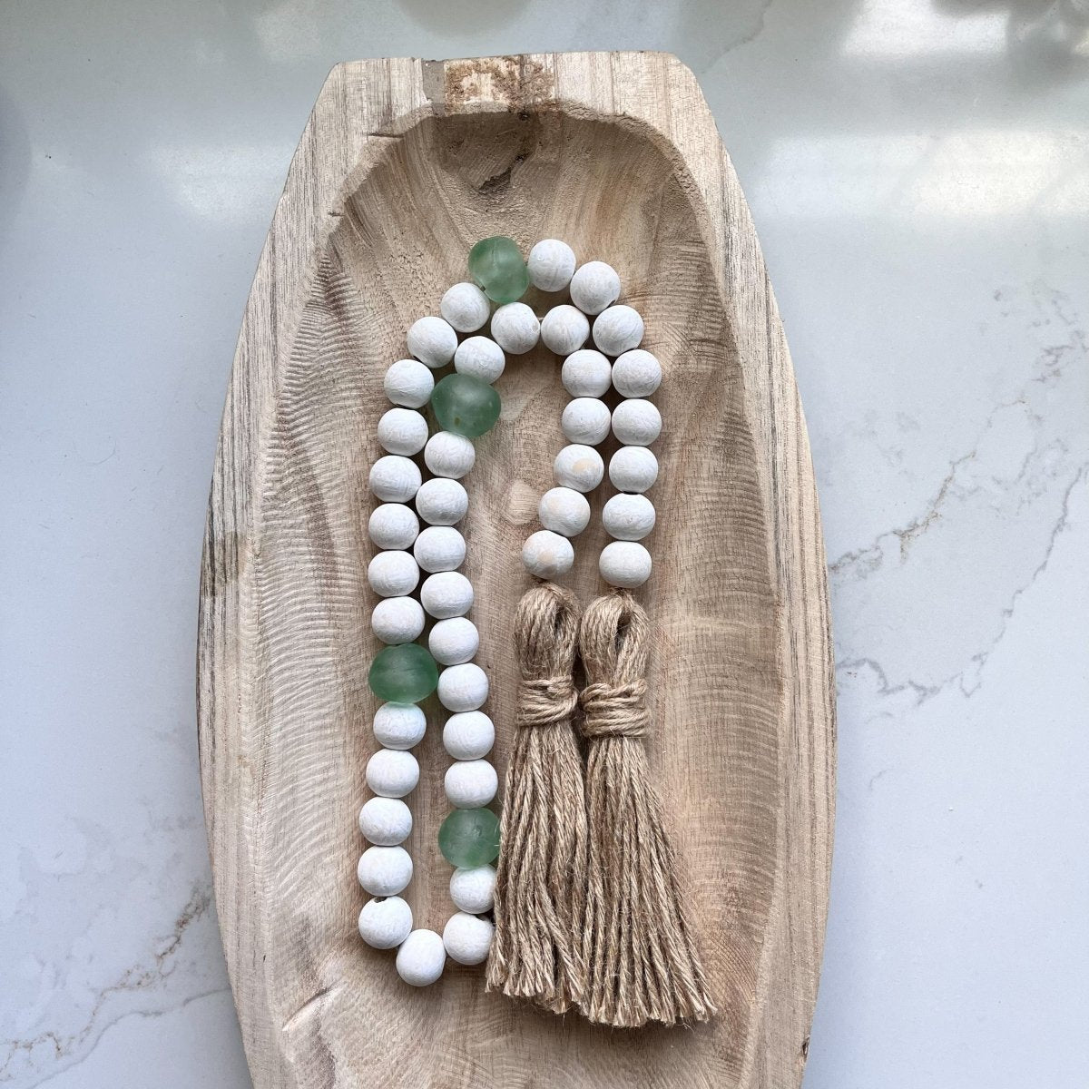 Whitewashed Wood Bead Garland with Jumbo Aqua Recycled Glass Beads