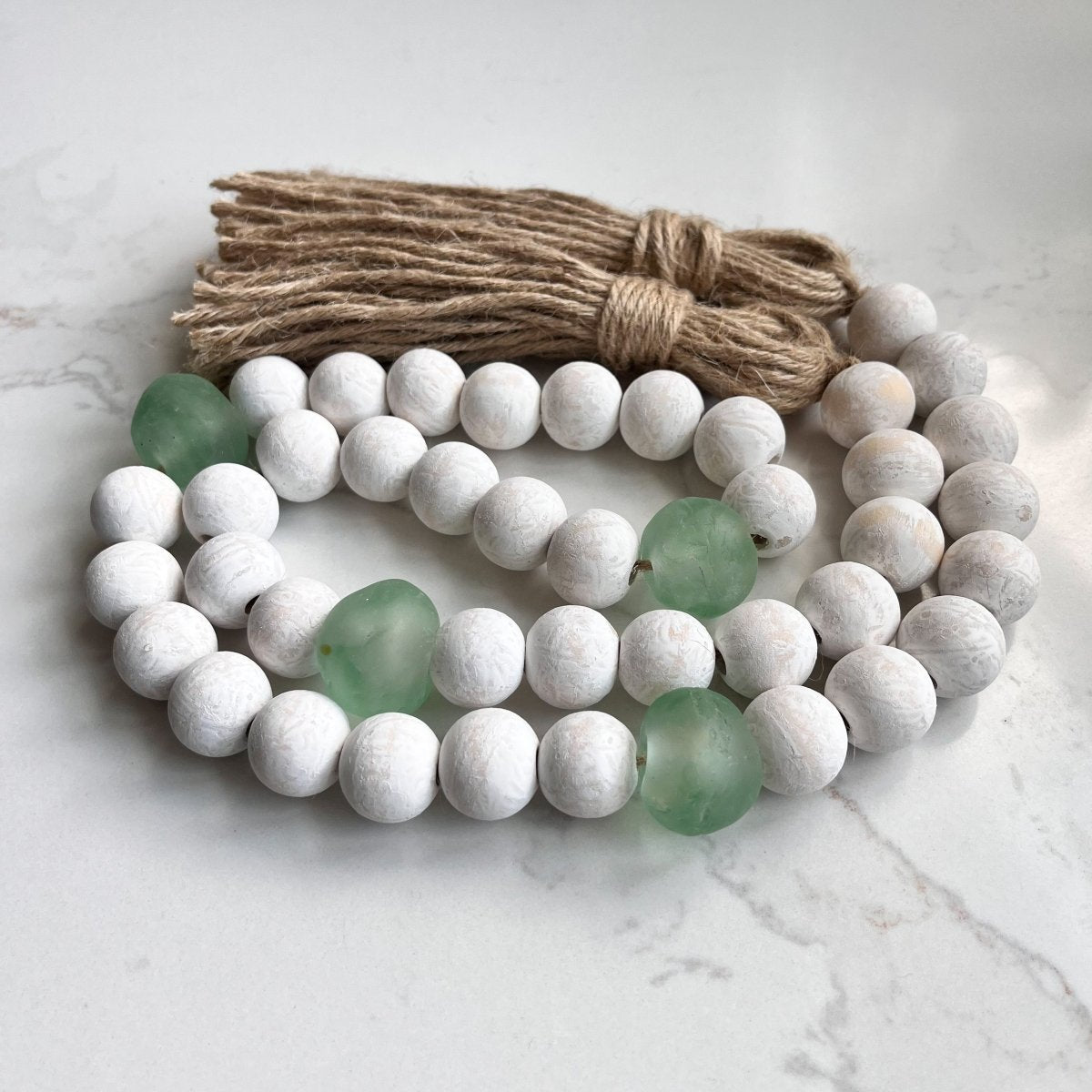 Load image into Gallery viewer, Whitewashed Wood Bead Garland with Jumbo Green/Aqua Recycled Glass Beads - sonder and wolf
