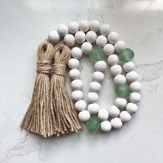 Whitewashed Wood Bead Garland with Jumbo Green/Aqua Recycled Glass Beads - sonder and wolf