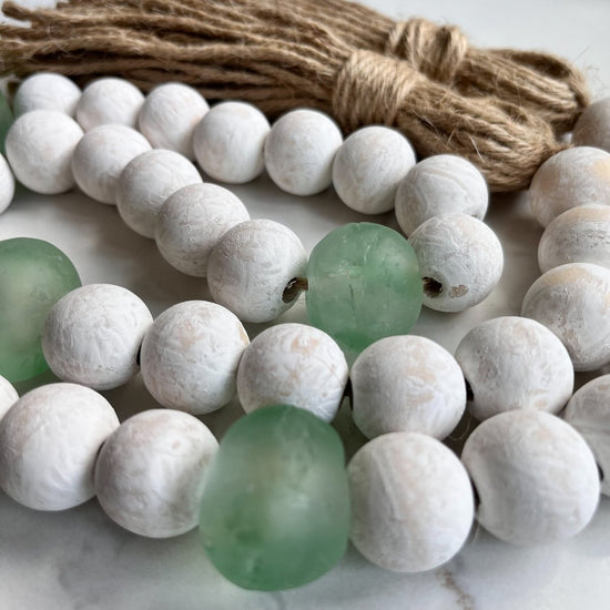 Load image into Gallery viewer, Whitewashed Wood Bead Garland with Jumbo Green/Aqua Recycled Glass Beads - sonder and wolf
