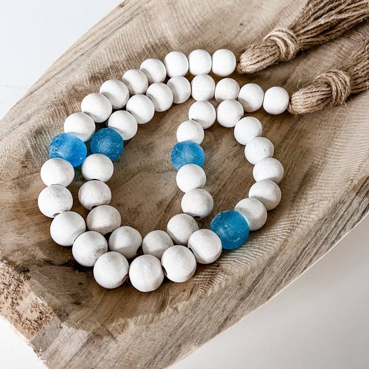 Whitewashed Wood Bead Garland with Jumbo Ice Blue Recycled Glass Beads - sonder and wolf