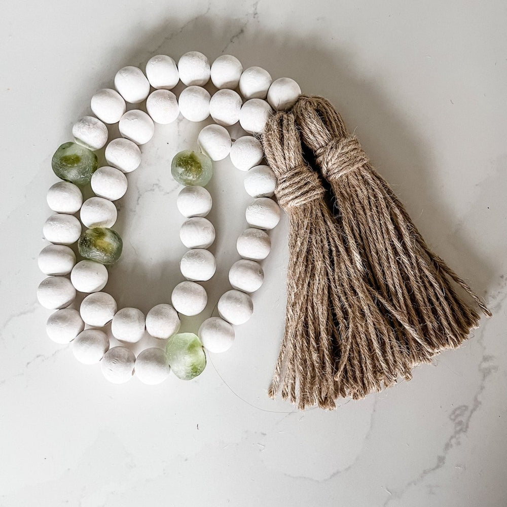 
                  
                    Whitewashed Wood Bead Garland with Jumbo Olive Green Recycled Glass Beads - sonder and wolf
                  
                