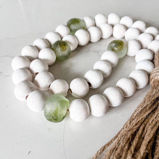 Whitewashed Wood Bead Garland with Jumbo Olive Green Recycled Glass Beads - sonder and wolf