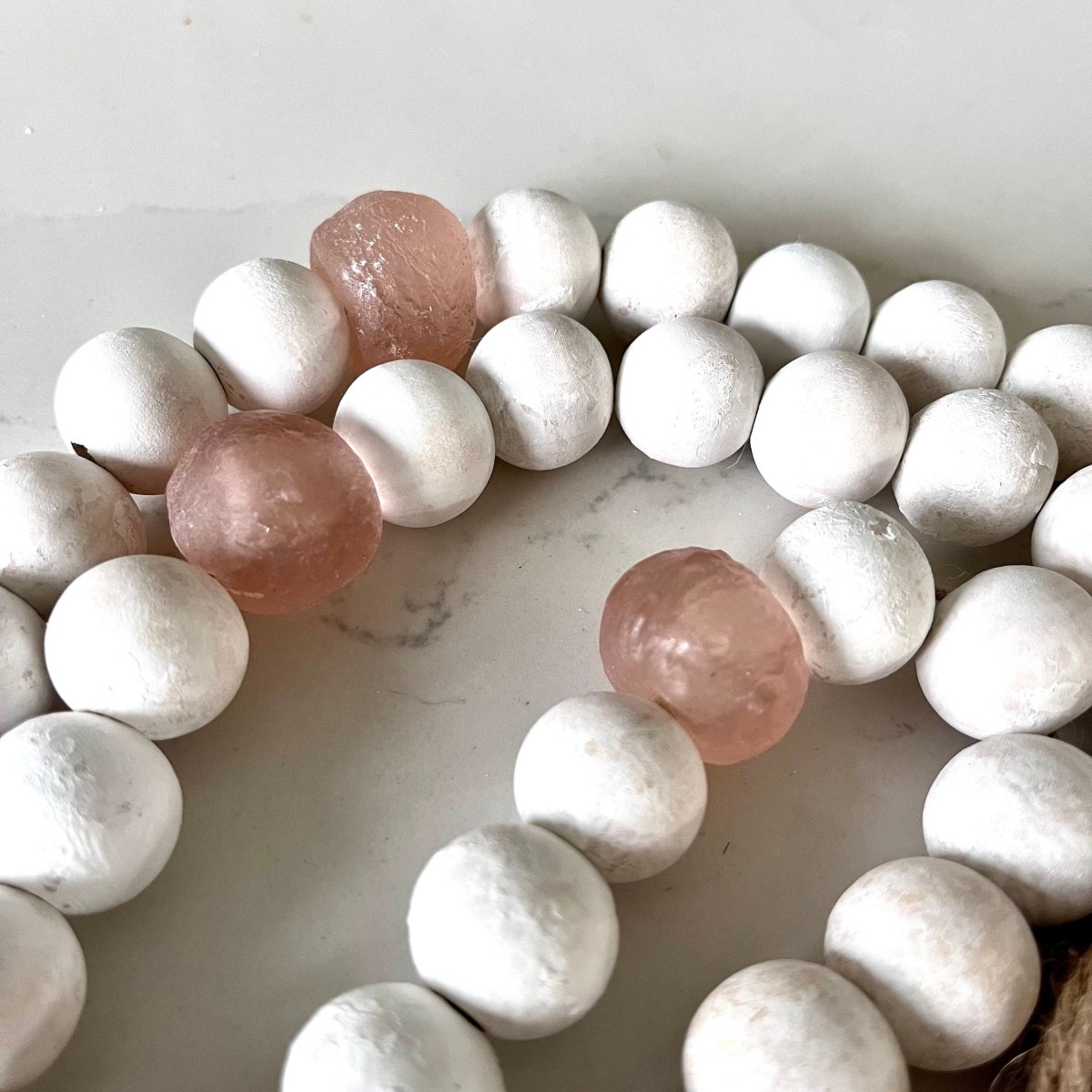 Whitewashed Wood Bead Garland with Jumbo Rose Recycled Glass Beads, Tassel Garland, Coastal Decor, Boho Garland, Tiered Tray Garland - sonder and wolf