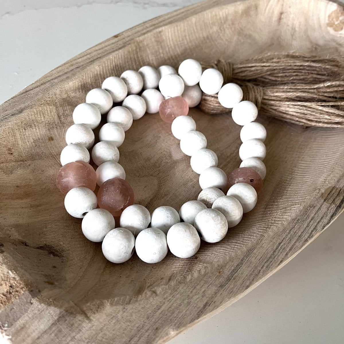 Whitewashed Wood Bead Garland with Jumbo Rose Recycled Glass Beads, Tassel Garland, Coastal Decor, Boho Garland, Tiered Tray Garland - sonder and wolf