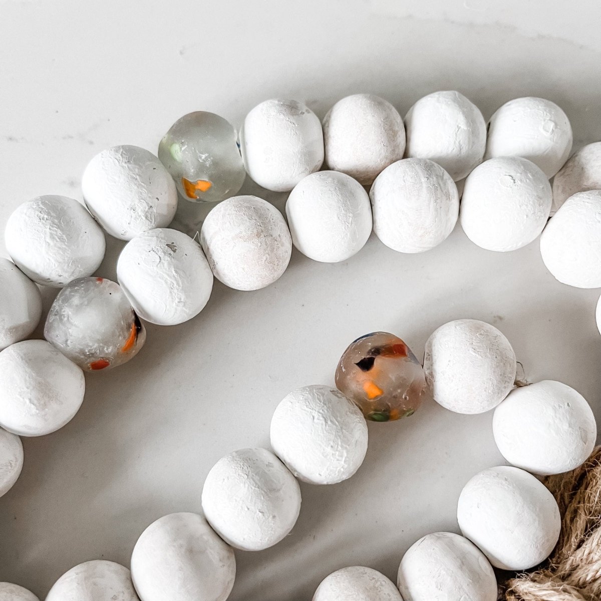 Whitewashed Wood Bead Garland with Multi-colored Recycled Glass Beads - sonder and wolf