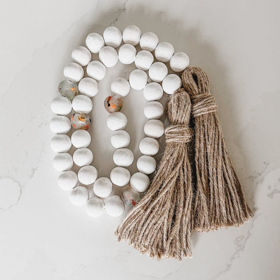 Whitewashed Wood Bead Garland with Multi-colored Recycled Glass Beads - sonder and wolf