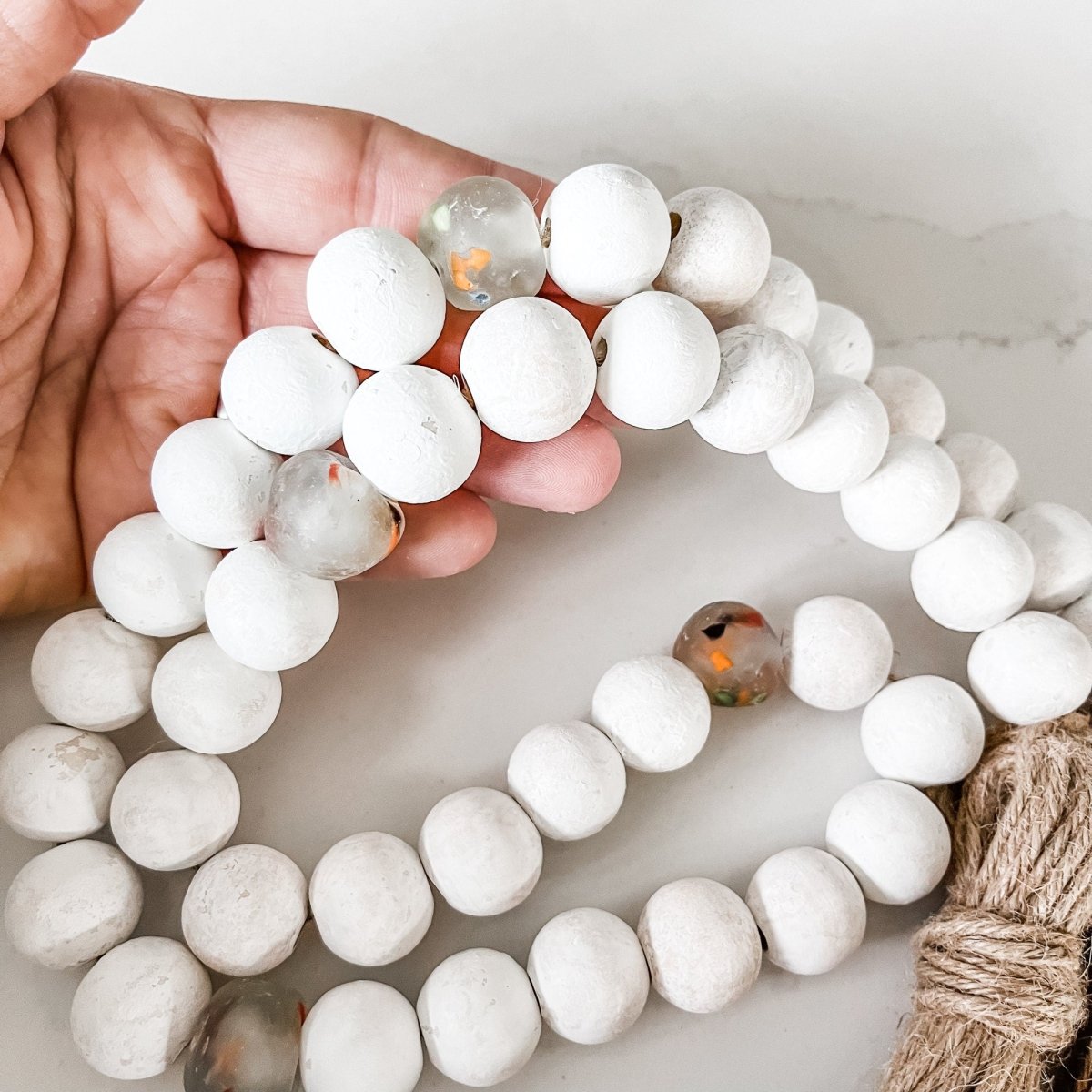Whitewashed Wood Bead Garland with Multi-colored Recycled Glass Beads - sonder and wolf