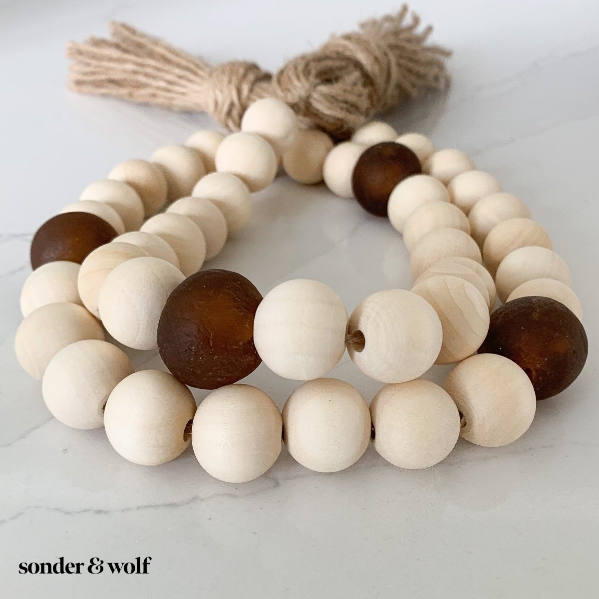 Wood Bead Garland with Amber Recycled Glass Beads - sonder and wolf