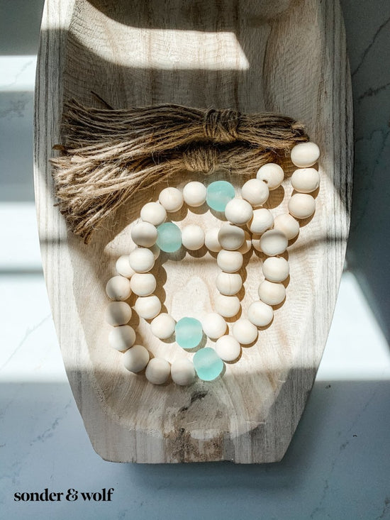 Wood Bead Garland with Aqua Recycled Glass Beads - sonder and wolf