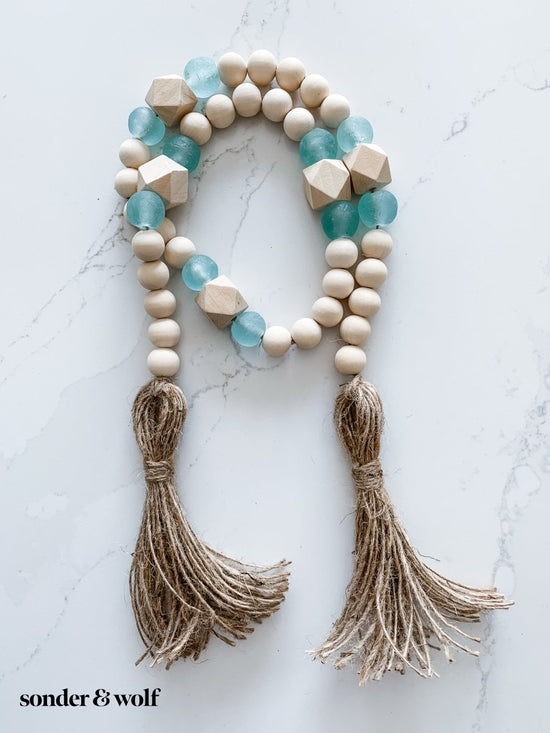 Wood Bead Garland with Aqua Recycled Glass Beads - sonder and wolf