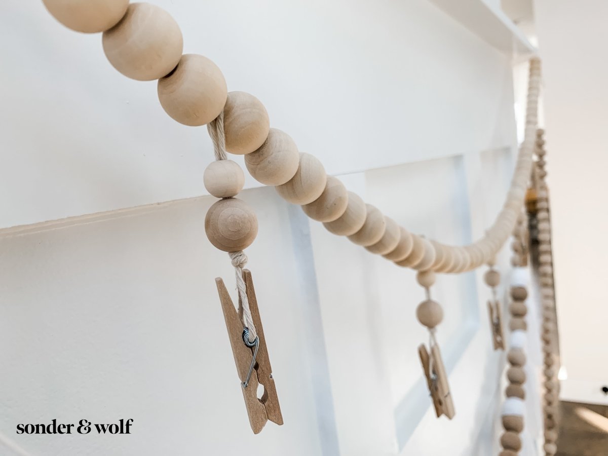 Wood Bead Garland with Clothes Pins for Photos, Masks or Decorations - sonder and wolf
