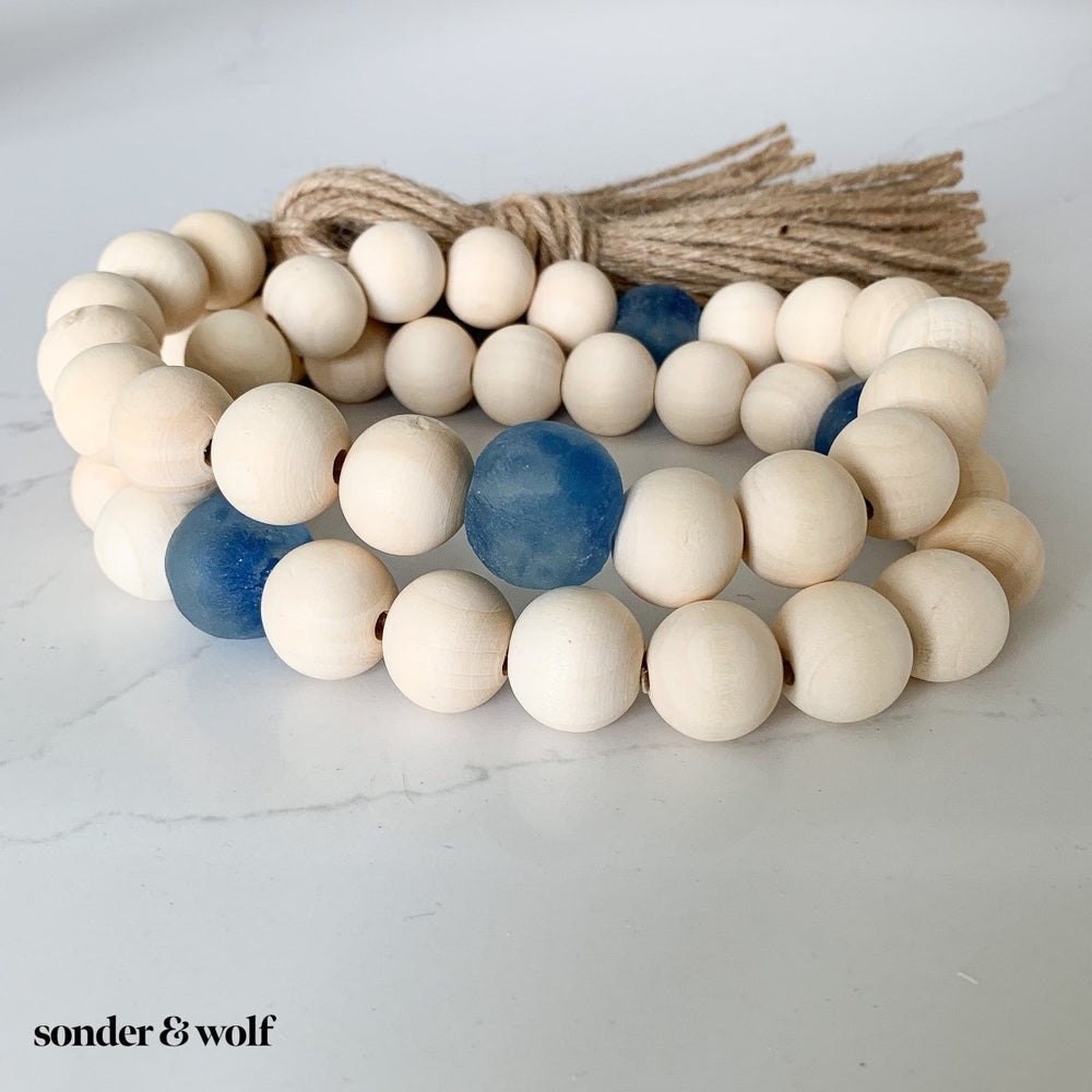 
                  
                    Wood Bead Garland with Cobalt Blue Recycled Glass Beads - sonder and wolf
                  
                