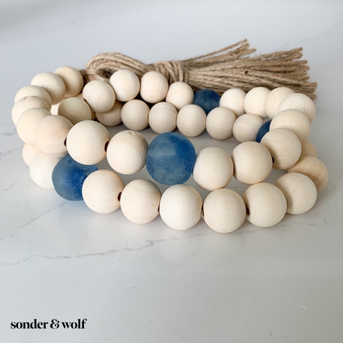 Wood Bead Garland with Cobalt Blue Recycled Glass Beads - sonder and wolf