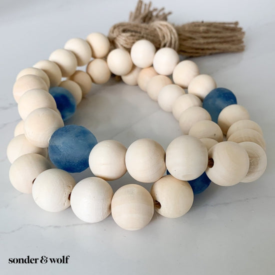 Wood Bead Garland with Cobalt Blue Recycled Glass Beads - sonder and wolf