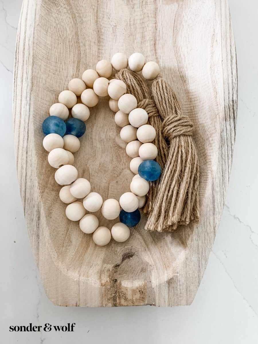Wood Bead Garland with Cobalt Blue Recycled Glass Beads - sonder and wolf