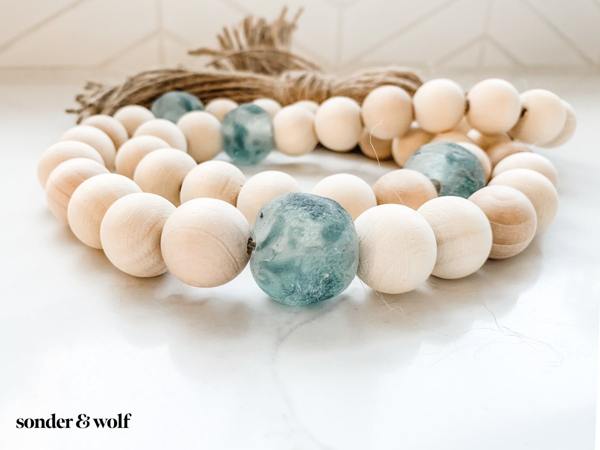 Wood Bead Garland with Grey Recycled Glass Beads - sonder and wolf