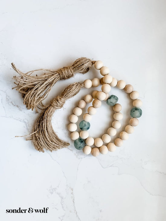 Load image into Gallery viewer, Wood Bead Garland with Grey Recycled Glass Beads - sonder and wolf
