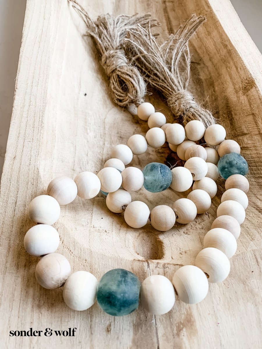 Whitewashed Wood Bead Garland with Jumbo Cobalt Blue Recycled Glass Be –  sonder and wolf