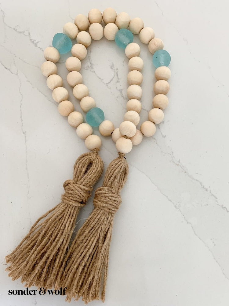 
                  
                    Wood Bead Garland with Ice Blue Recycled Glass Beads - sonder and wolf
                  
                