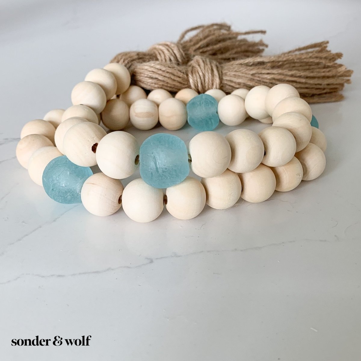 Load image into Gallery viewer, Wood Bead Garland with Ice Blue Recycled Glass Beads - sonder and wolf
