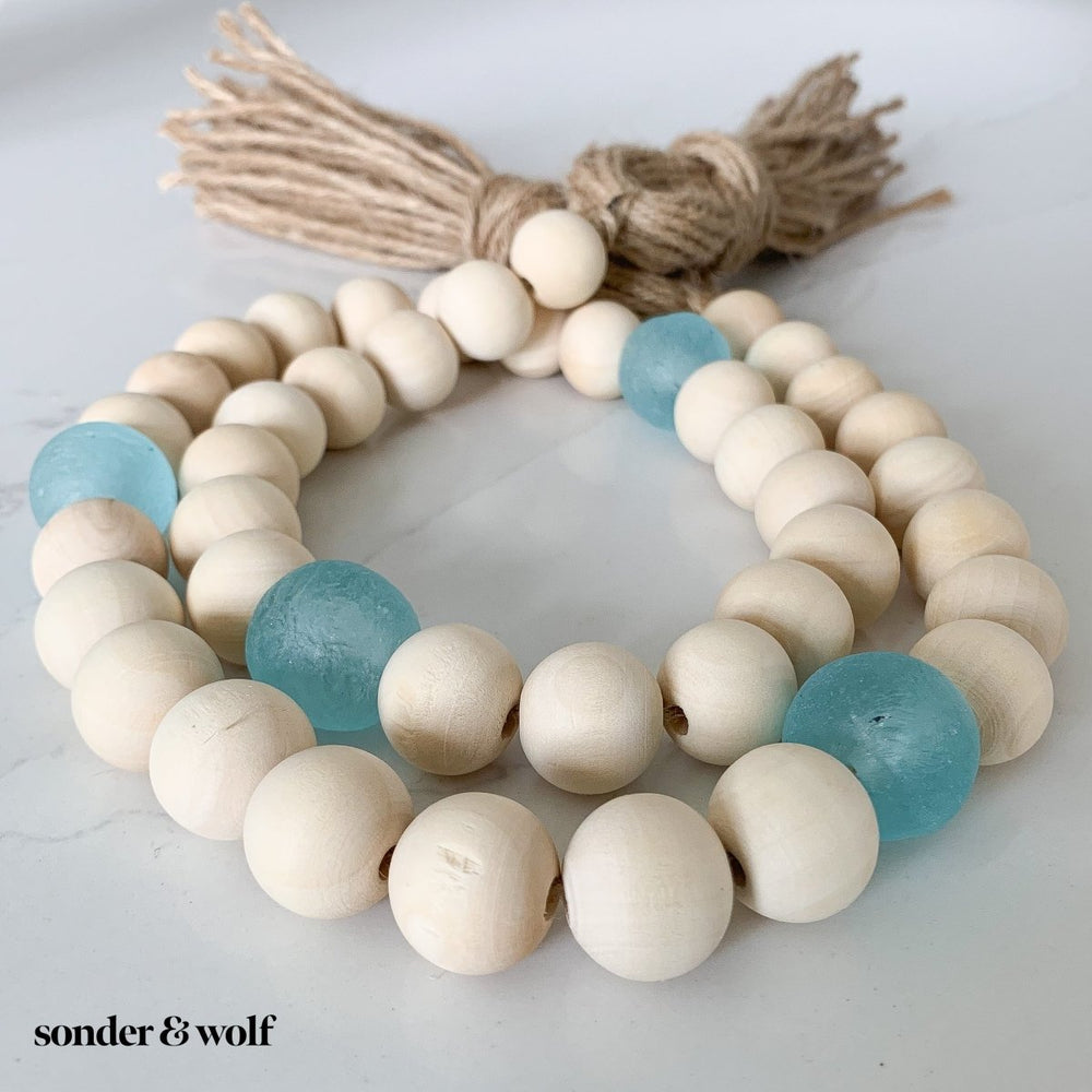 
                  
                    Wood Bead Garland with Ice Blue Recycled Glass Beads - sonder and wolf
                  
                